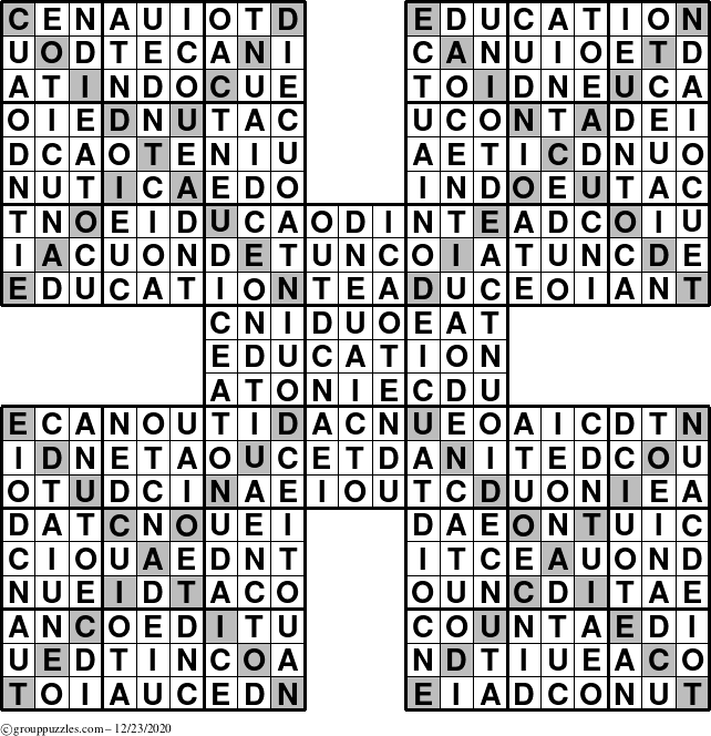 The grouppuzzles.com Answer grid for the Education-Xtreme puzzle for Wednesday December 23, 2020