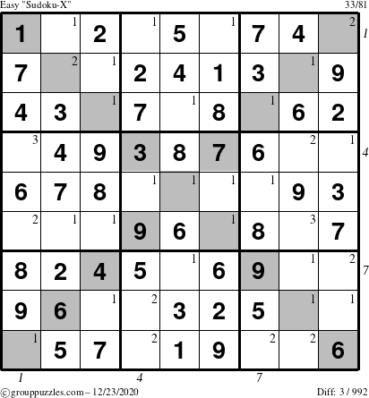 The grouppuzzles.com Easy Sudoku-X puzzle for Wednesday December 23, 2020 with all 3 steps marked