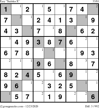 The grouppuzzles.com Easy Sudoku-X puzzle for Wednesday December 23, 2020 with the first 3 steps marked