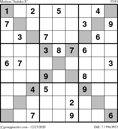 The grouppuzzles.com Medium Sudoku-X puzzle for Wednesday December 23, 2020