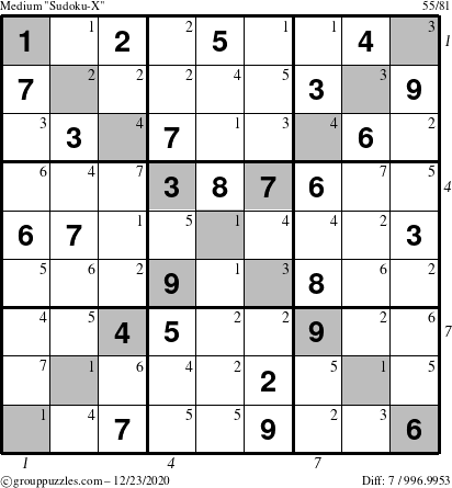 The grouppuzzles.com Medium Sudoku-X puzzle for Wednesday December 23, 2020, suitable for printing, with all 7 steps marked