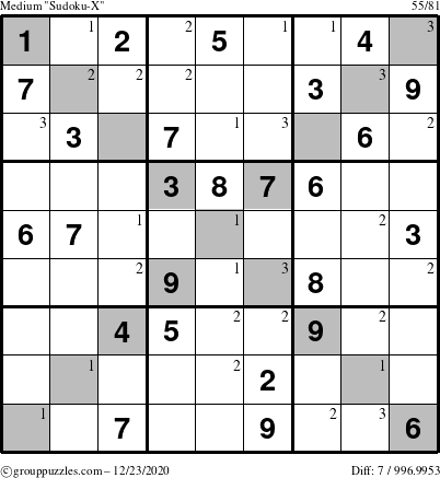 The grouppuzzles.com Medium Sudoku-X puzzle for Wednesday December 23, 2020 with the first 3 steps marked