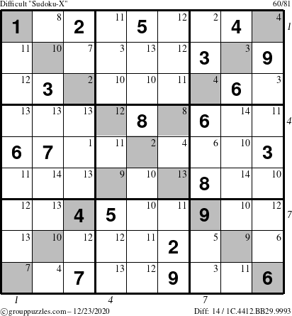 The grouppuzzles.com Difficult Sudoku-X puzzle for Wednesday December 23, 2020 with all 14 steps marked