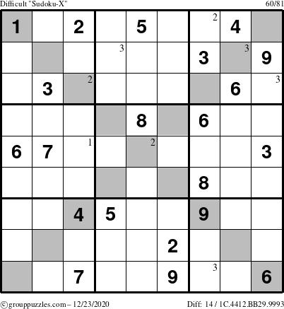 The grouppuzzles.com Difficult Sudoku-X puzzle for Wednesday December 23, 2020 with the first 3 steps marked