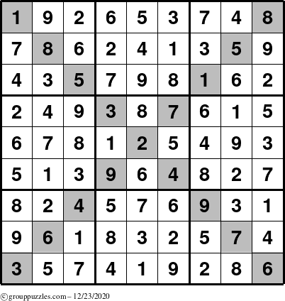 The grouppuzzles.com Answer grid for the Sudoku-X puzzle for Wednesday December 23, 2020