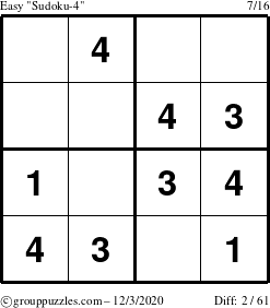 The grouppuzzles.com Easy Sudoku-4 puzzle for Thursday December 3, 2020