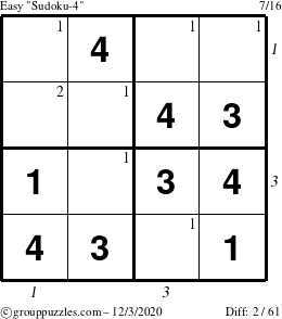 The grouppuzzles.com Easy Sudoku-4 puzzle for Thursday December 3, 2020 with all 2 steps marked