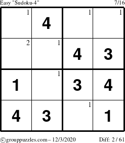 The grouppuzzles.com Easy Sudoku-4 puzzle for Thursday December 3, 2020 with the first 2 steps marked