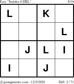 The grouppuzzles.com Easy Sudoku-4-IJKL puzzle for Thursday December 3, 2020