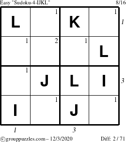 The grouppuzzles.com Easy Sudoku-4-IJKL puzzle for Thursday December 3, 2020 with all 2 steps marked