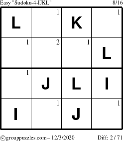 The grouppuzzles.com Easy Sudoku-4-IJKL puzzle for Thursday December 3, 2020 with the first 2 steps marked