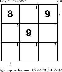 The grouppuzzles.com Easy TicTac-789 puzzle for Thursday December 3, 2020 with all 2 steps marked