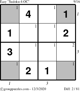 The grouppuzzles.com Easy Sudoku-4-OC puzzle for Thursday December 3, 2020 with all 2 steps marked