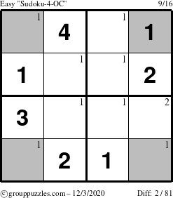 The grouppuzzles.com Easy Sudoku-4-OC puzzle for Thursday December 3, 2020 with the first 2 steps marked