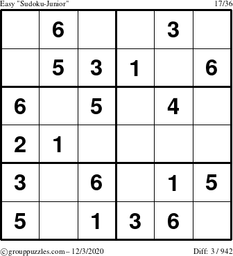 The grouppuzzles.com Easy Sudoku-Junior puzzle for Thursday December 3, 2020