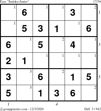 The grouppuzzles.com Easy Sudoku-Junior puzzle for Thursday December 3, 2020, suitable for printing, with all 3 steps marked