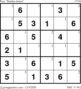 The grouppuzzles.com Easy Sudoku-Junior puzzle for Thursday December 3, 2020 with the first 3 steps marked