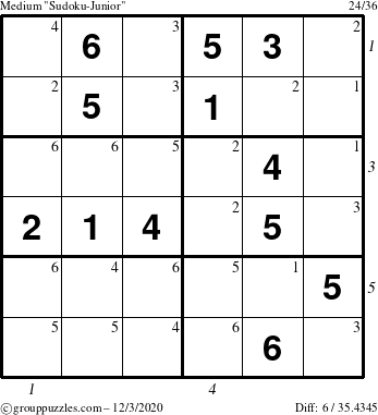 The grouppuzzles.com Medium Sudoku-Junior puzzle for Thursday December 3, 2020 with all 6 steps marked