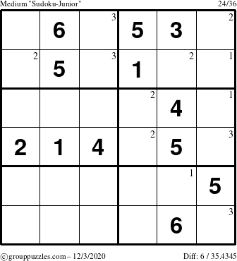 The grouppuzzles.com Medium Sudoku-Junior puzzle for Thursday December 3, 2020 with the first 3 steps marked