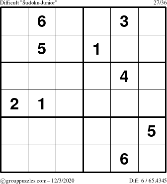 The grouppuzzles.com Difficult Sudoku-Junior puzzle for Thursday December 3, 2020