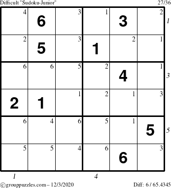 The grouppuzzles.com Difficult Sudoku-Junior puzzle for Thursday December 3, 2020 with all 6 steps marked