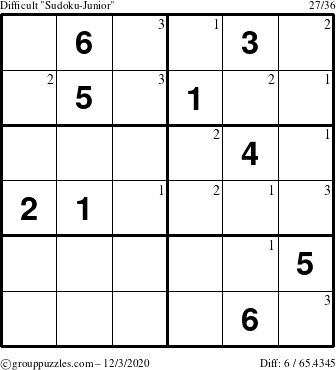 The grouppuzzles.com Difficult Sudoku-Junior puzzle for Thursday December 3, 2020 with the first 3 steps marked