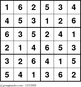 The grouppuzzles.com Answer grid for the Sudoku-Junior puzzle for Thursday December 3, 2020