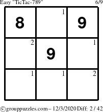 The grouppuzzles.com Easy TicTac-789 puzzle for Thursday December 3, 2020 with the first 2 steps marked