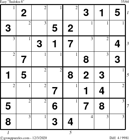 The grouppuzzles.com Easy Sudoku-8 puzzle for Thursday December 3, 2020 with all 4 steps marked