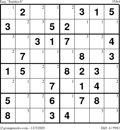 The grouppuzzles.com Easy Sudoku-8 puzzle for Thursday December 3, 2020 with the first 3 steps marked