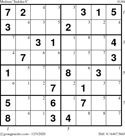 The grouppuzzles.com Medium Sudoku-8 puzzle for Thursday December 3, 2020 with all 8 steps marked