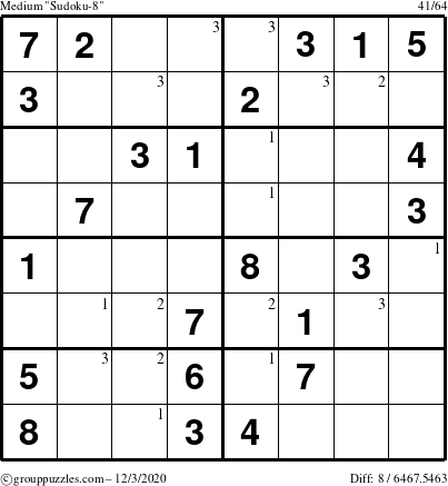 The grouppuzzles.com Medium Sudoku-8 puzzle for Thursday December 3, 2020 with the first 3 steps marked