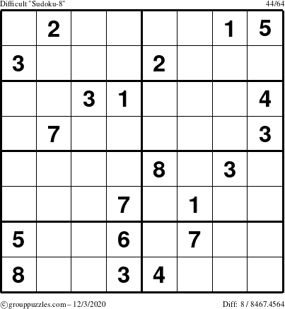 The grouppuzzles.com Difficult Sudoku-8 puzzle for Thursday December 3, 2020