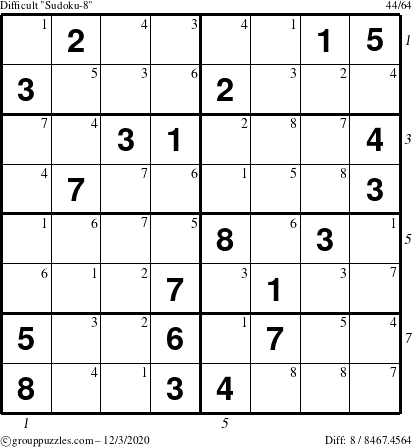 The grouppuzzles.com Difficult Sudoku-8 puzzle for Thursday December 3, 2020 with all 8 steps marked