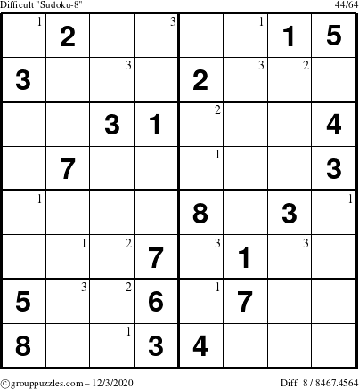 The grouppuzzles.com Difficult Sudoku-8 puzzle for Thursday December 3, 2020 with the first 3 steps marked