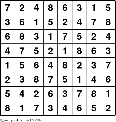 The grouppuzzles.com Answer grid for the Sudoku-8 puzzle for Thursday December 3, 2020