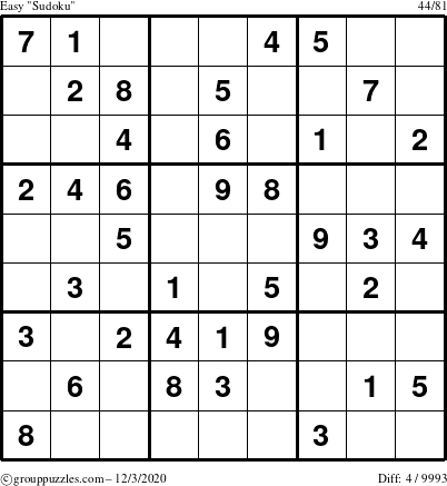 The grouppuzzles.com Easy Sudoku puzzle for Thursday December 3, 2020