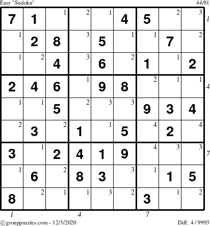 The grouppuzzles.com Easy Sudoku puzzle for Thursday December 3, 2020 with all 4 steps marked