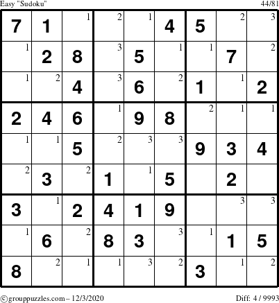 The grouppuzzles.com Easy Sudoku puzzle for Thursday December 3, 2020 with the first 3 steps marked