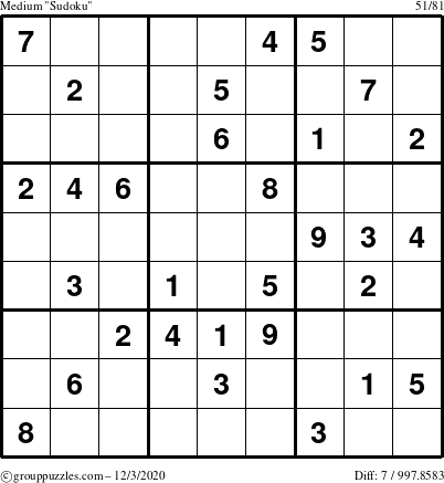 The grouppuzzles.com Medium Sudoku puzzle for Thursday December 3, 2020