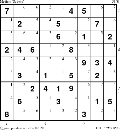 The grouppuzzles.com Medium Sudoku puzzle for Thursday December 3, 2020 with all 7 steps marked