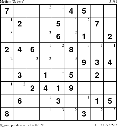 The grouppuzzles.com Medium Sudoku puzzle for Thursday December 3, 2020 with the first 3 steps marked