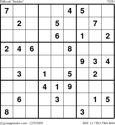 The grouppuzzles.com Difficult Sudoku puzzle for Thursday December 3, 2020