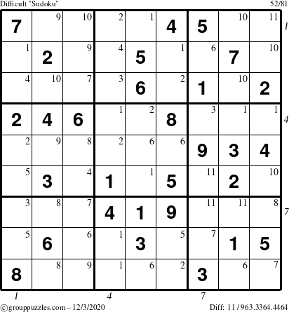 The grouppuzzles.com Difficult Sudoku puzzle for Thursday December 3, 2020 with all 11 steps marked