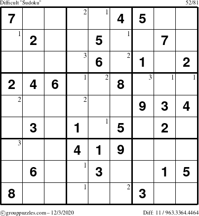 The grouppuzzles.com Difficult Sudoku puzzle for Thursday December 3, 2020 with the first 3 steps marked