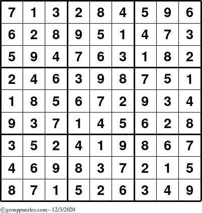 The grouppuzzles.com Answer grid for the Sudoku puzzle for Thursday December 3, 2020