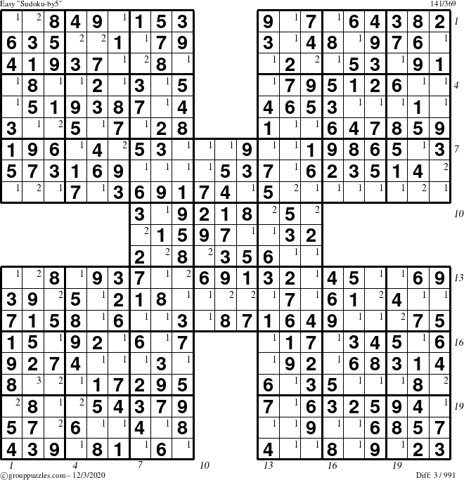 The grouppuzzles.com Easy Sudoku-by5 puzzle for Thursday December 3, 2020 with all 3 steps marked