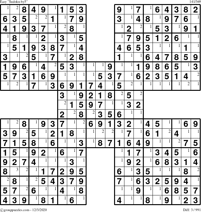 The grouppuzzles.com Easy Sudoku-by5 puzzle for Thursday December 3, 2020 with the first 3 steps marked