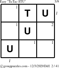 The grouppuzzles.com Easy TicTac-STU puzzle for Thursday December 3, 2020 with all 2 steps marked