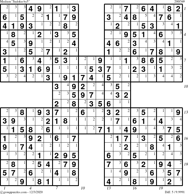 The grouppuzzles.com Medium Sudoku-by5 puzzle for Thursday December 3, 2020 with all 5 steps marked